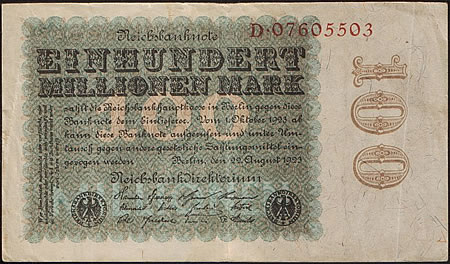 německá bankovka z roku 1923 v hodnotě 100 milionů marek